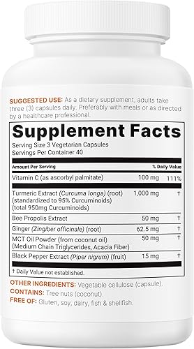 Miniatura 7 de Micro Ingredients Suplemento de curcumina de cúrcuma de 1,000 mg, 240 cápsulas vegetales  95% curcuminoides con propóleo de abeja, aceite MCT,