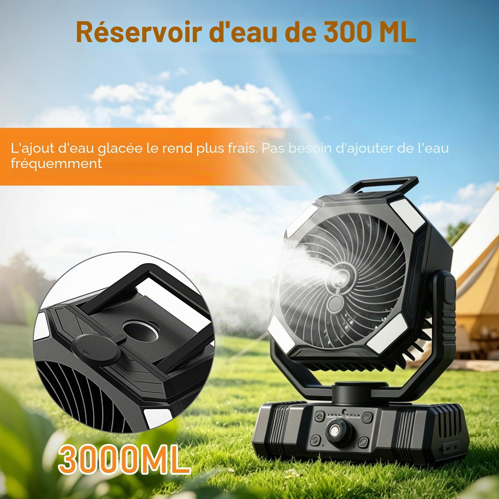 Richday Ventilateur Brumisateur Portable, Ventilateur Camping Rechargeable 20000mAh, Réservoir 300ml, 2 Brumes, Télécommande 5m, Minuteur, LED USB, pour Tente, Bureau, Camping-Car