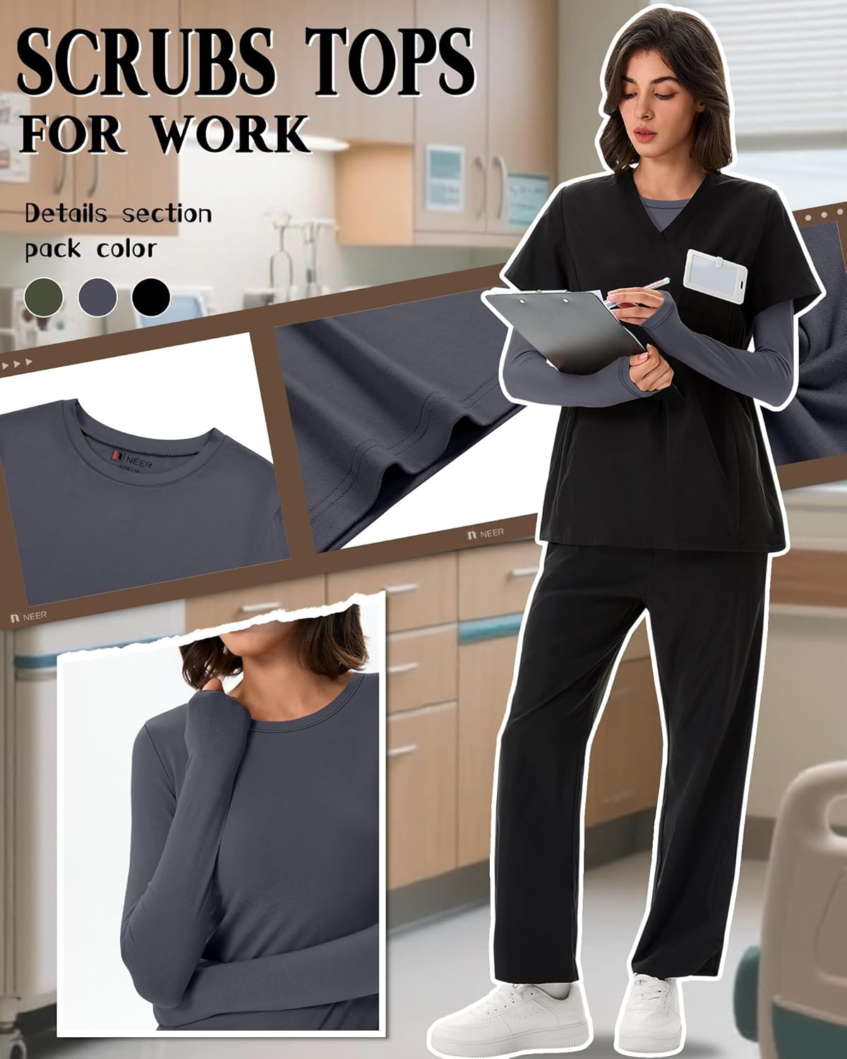 Neer 3 Pack Womens Underscrub Shirts Long Sleeve Crewneck Tops Fitted Layering Clothes Comfort Knit Tops for Nurse - Image 2