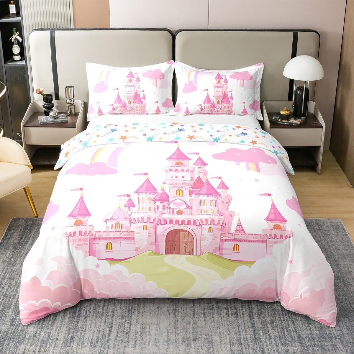 Feelyou Castle Bedding Set for Kids Boys Girls Dreamy Comforter Cover Set Full(No Comforter) Princess 100% Cotton Duvet Cover Bedroom Decor Light Pink Rainbow Bedding Collection 3Pcs