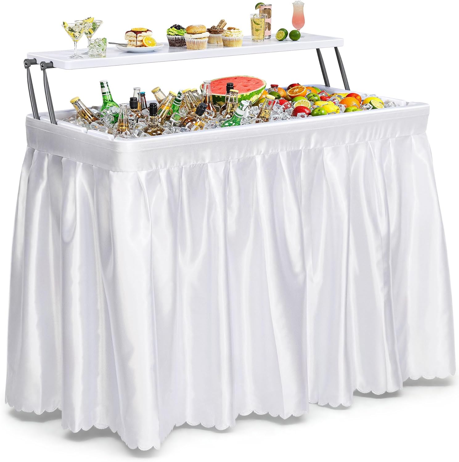 DWVO 4 FT Party Ice Cooler Folding Table, 2 Tier Portable Outdoor Cooler Table with Drain White Detachable Skirt, Ice Folding Table for Party Camping Picnic BBQ Wedding