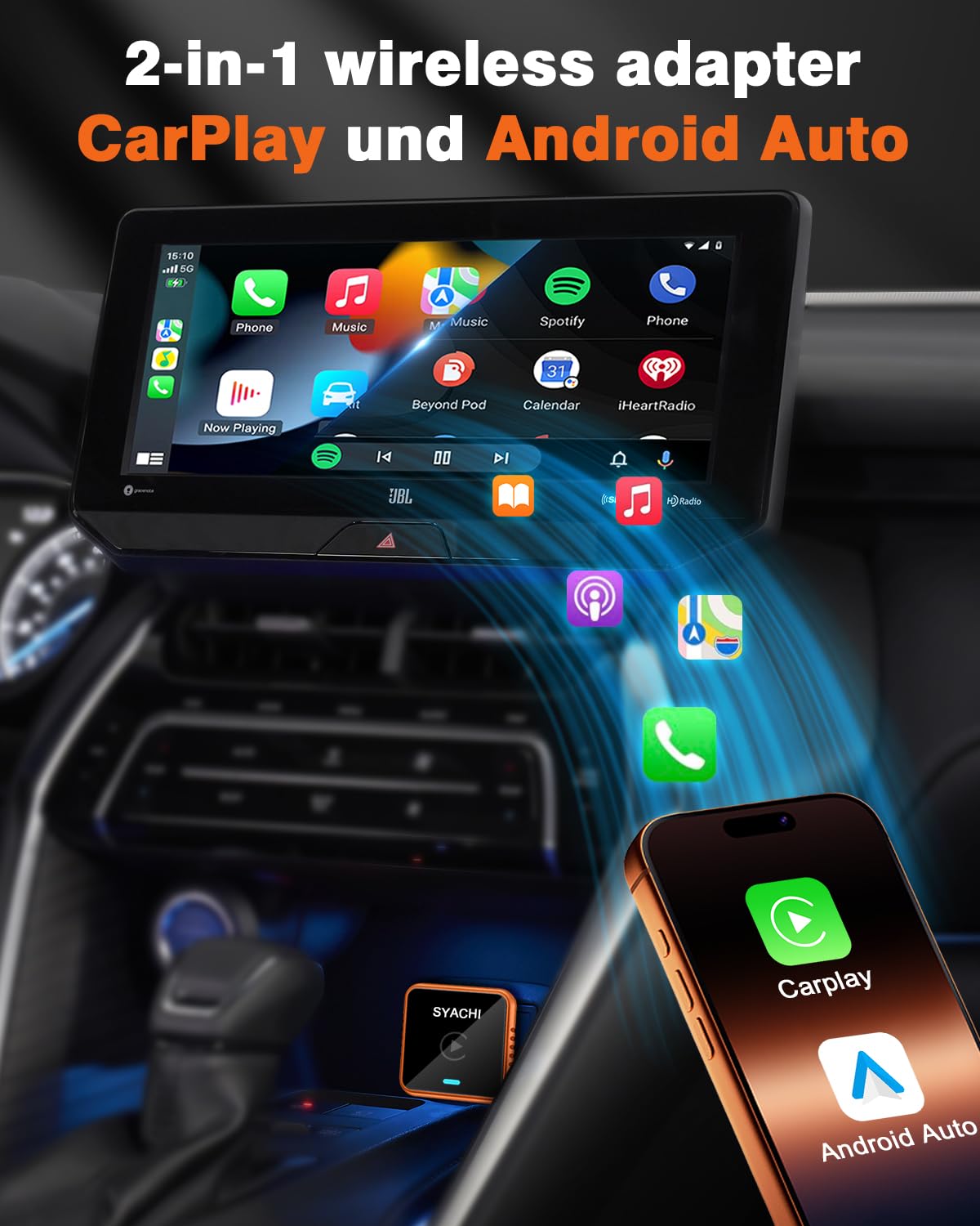 SYACHI 2 en 1 Adaptador CarPlay Inalámbrico con USB A/Tipo-C, Convierte Cableado a Inalámbrico, para iPhone iOS 10+ & Android Auto, Compacto y Estable Bluetooth Car Play Wireless Adapter — view 2