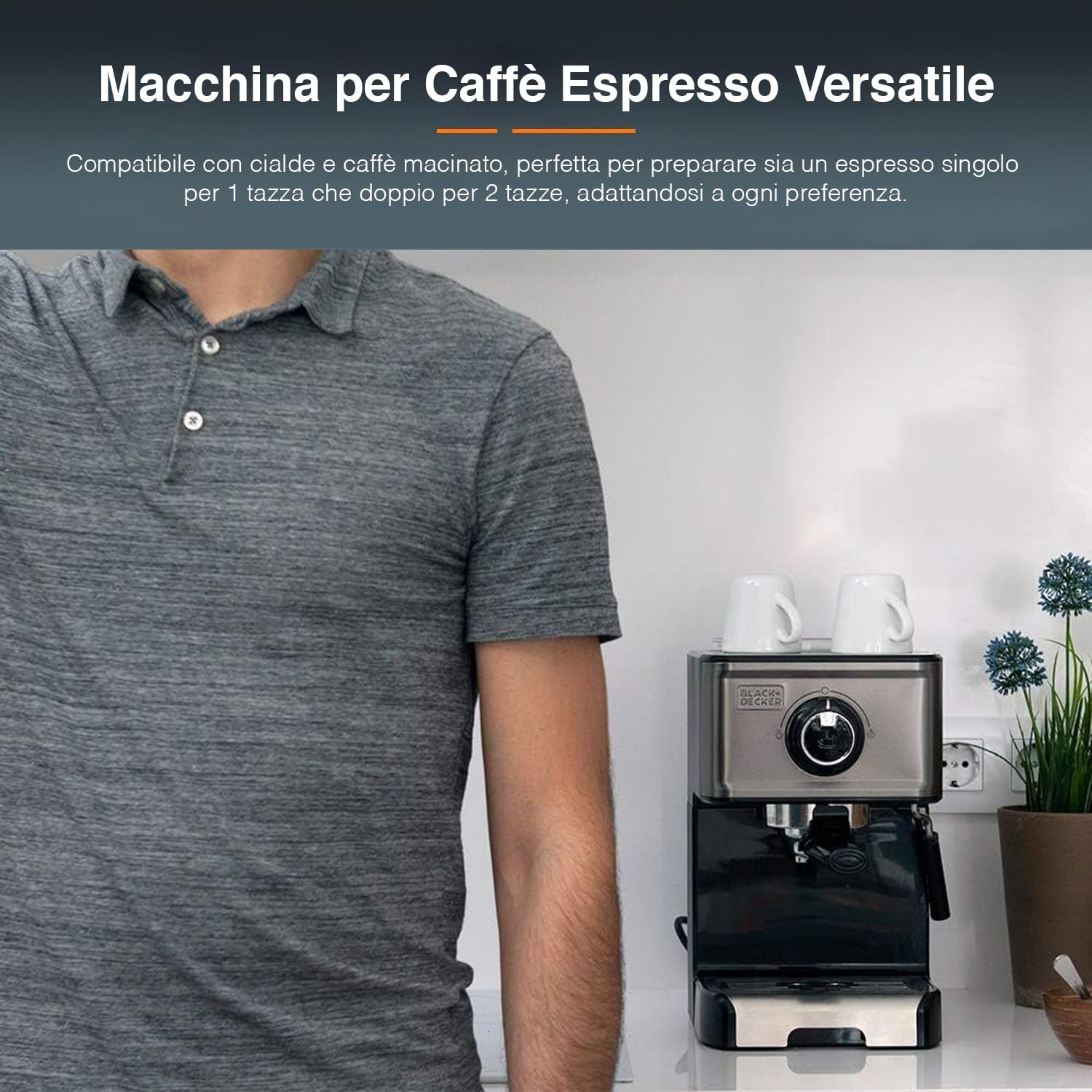 Avilia Macchina per Caffè Espresso Compatibile con Cialde e Caffè Macinato - per 1 o 2 Tazze con Frullino Montalatte, in Acciaio Inox, 32x19.3x31.5cm, 1200W, 15bar, Nero