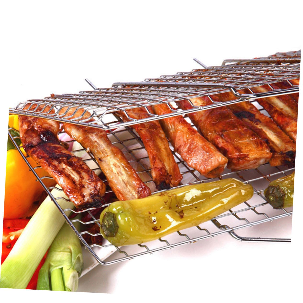 Wytrzymały przenośny kosz do grillowania ze stali nierdzewnej z drewnianym uchwytem – składany stojak do grillowania na świeżym powietrzu gotowanie kemping impreza idealny do grillowania warzyw i ryb