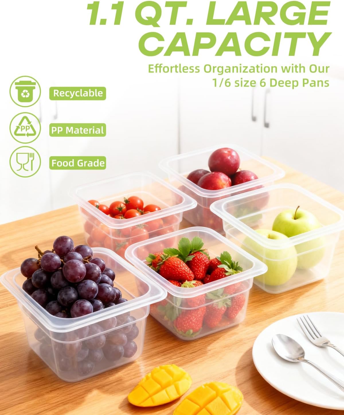 6 Pack Plastic Food Pan with Lids,1/6 Size Commercial Food Storage Containers for Party, Catering, Home kitchens Meal Prep,BPA-Free Stackable -40℉-160℉ (1.62QT(1.53L), 1/6 size 4 inch deep)