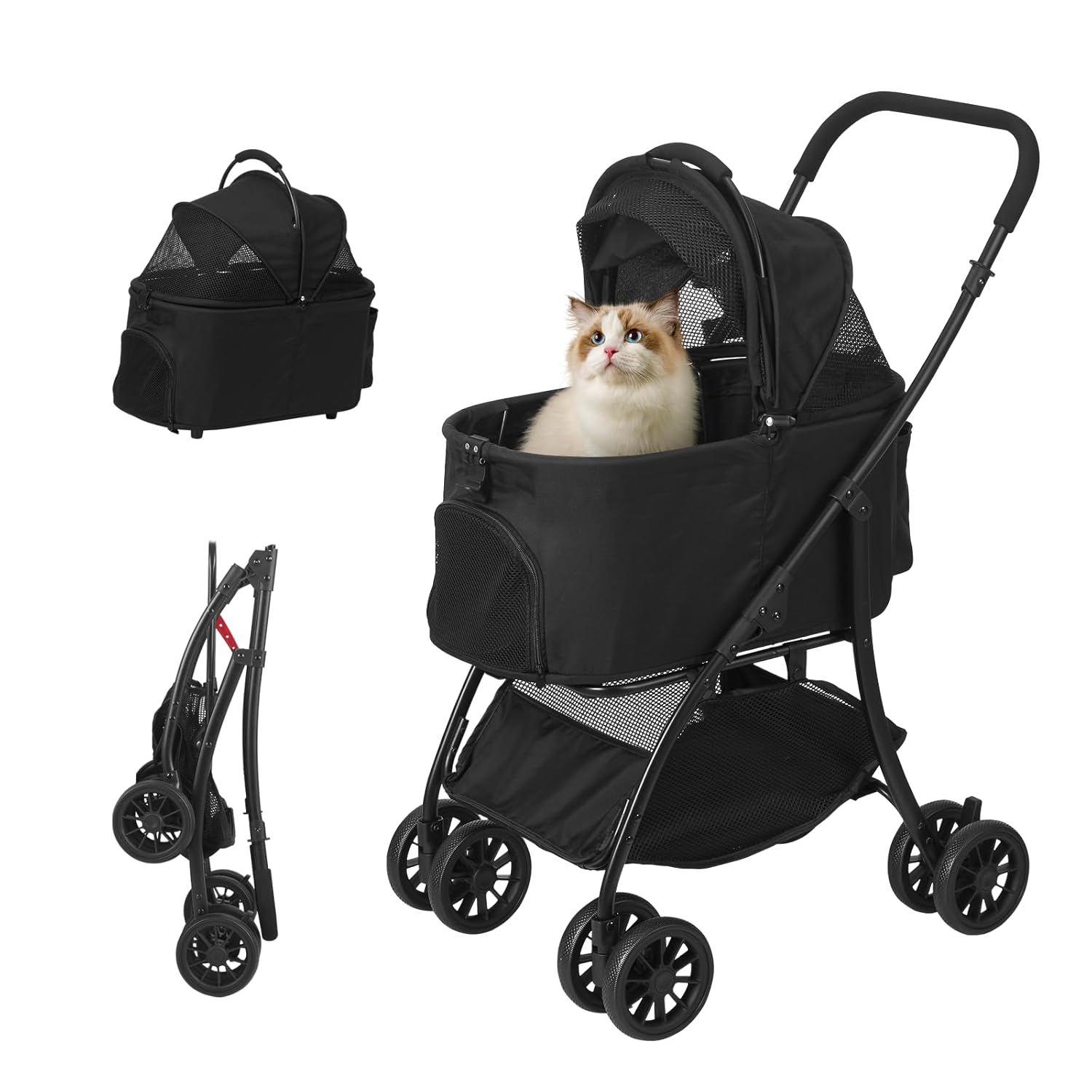 Pet Stroller Quickly Folds for Easy Storage Cat Stroller with Detachable Carrier Thickened Oxford Cloth Breathable Basket Dog Strollers for Small Dogs (Black)