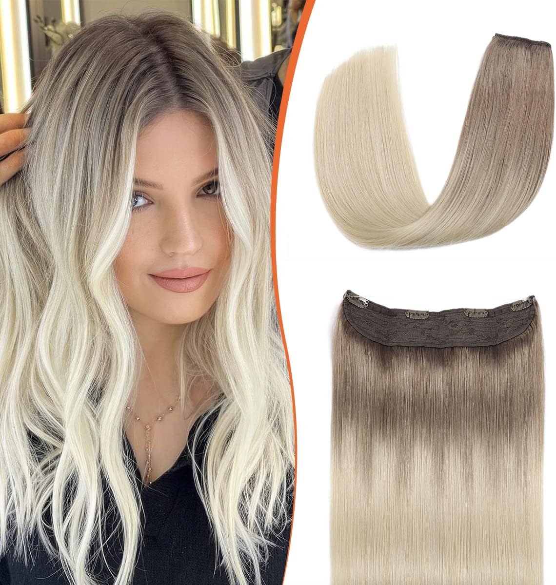 XDhair Wire Hair Extensions Human Hair,14inch 65g Ombre Ash Brown to