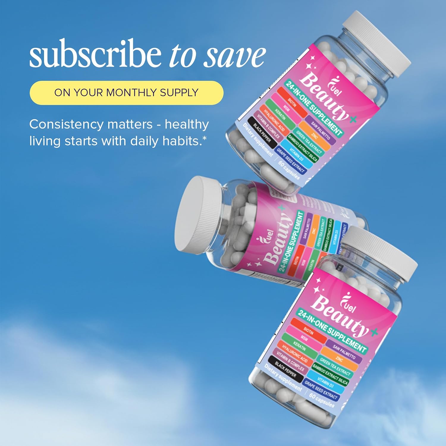 Fuel Beauty+ 24-in-1 Hair, Skin & Nails Vitamins for Women – 5000mcg Biotin, Hyaluronic Acid & Saw Palmetto – Daily Multivitamin for Hair Growth, Nail Strength & Skin Glow – 60 Capsules - Image 7