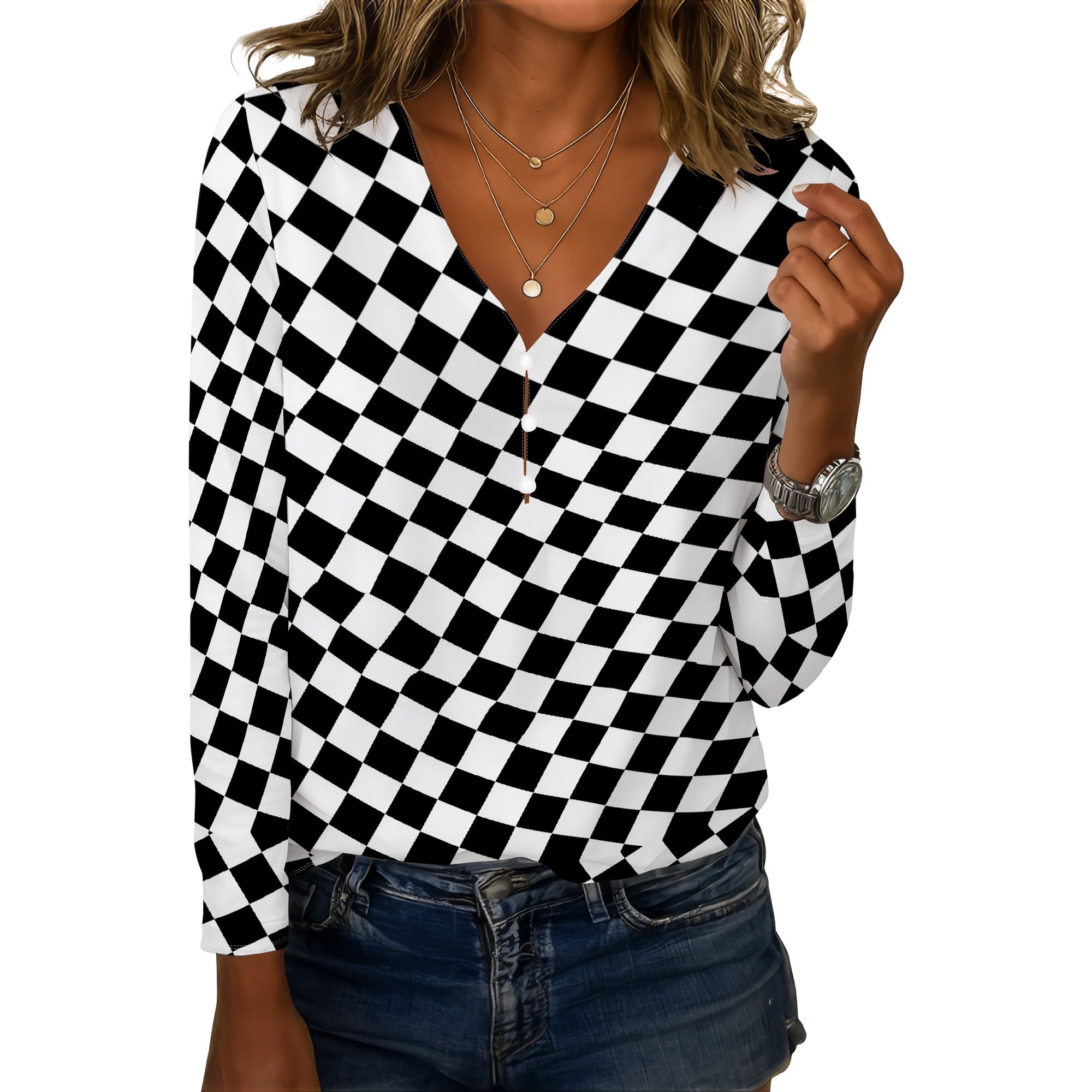 2025 Fashion Tops for Women Long Sleeve V Neck Plaid Print Business Basic Casual Blouses Summer Tees Shirts Work Tops