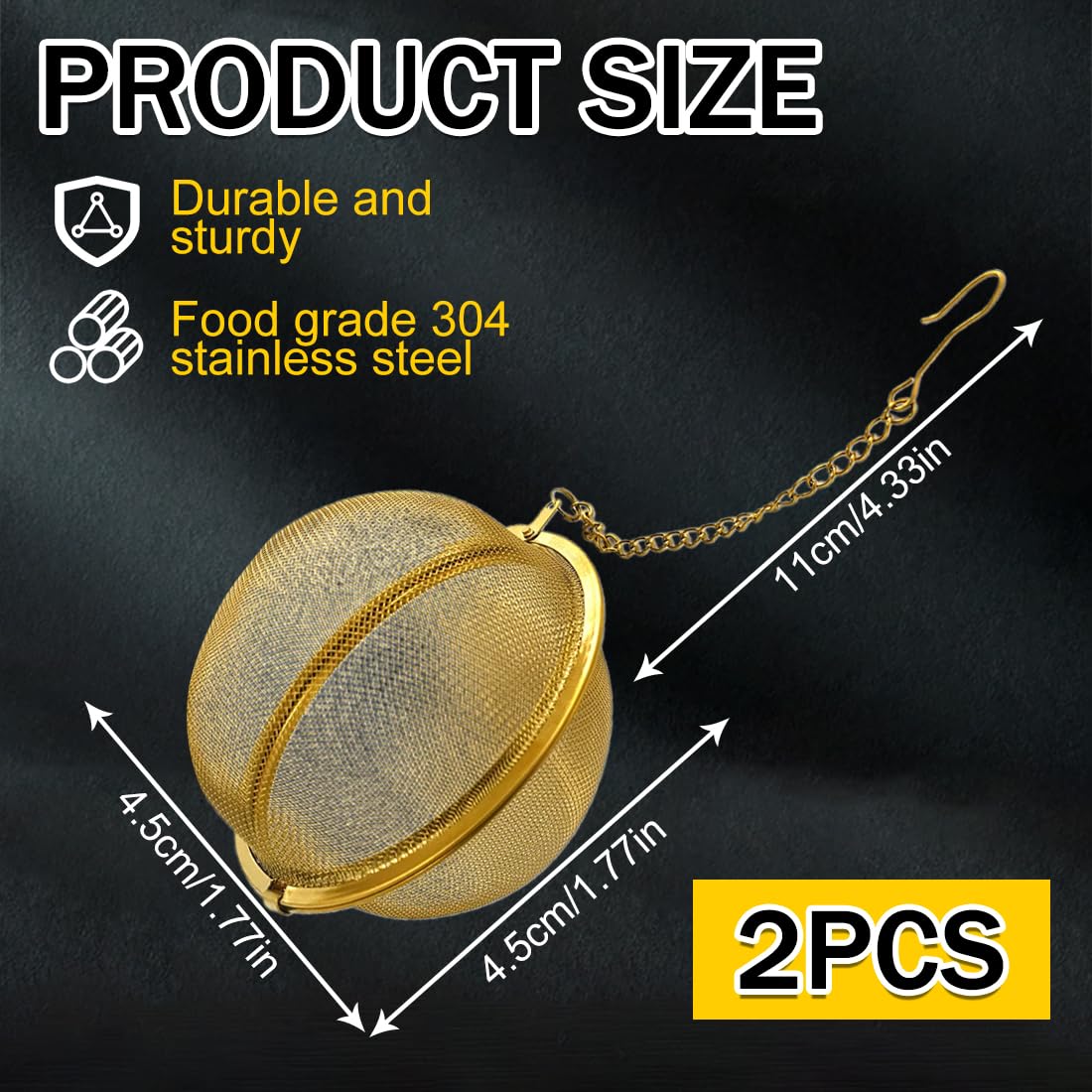 2 Unidades Bolas Infusoras Doradas de Acero Inoxidable 304, Colador de Té con Cadena para Té en Hojas y Especias, Diámetro 4.5 cm