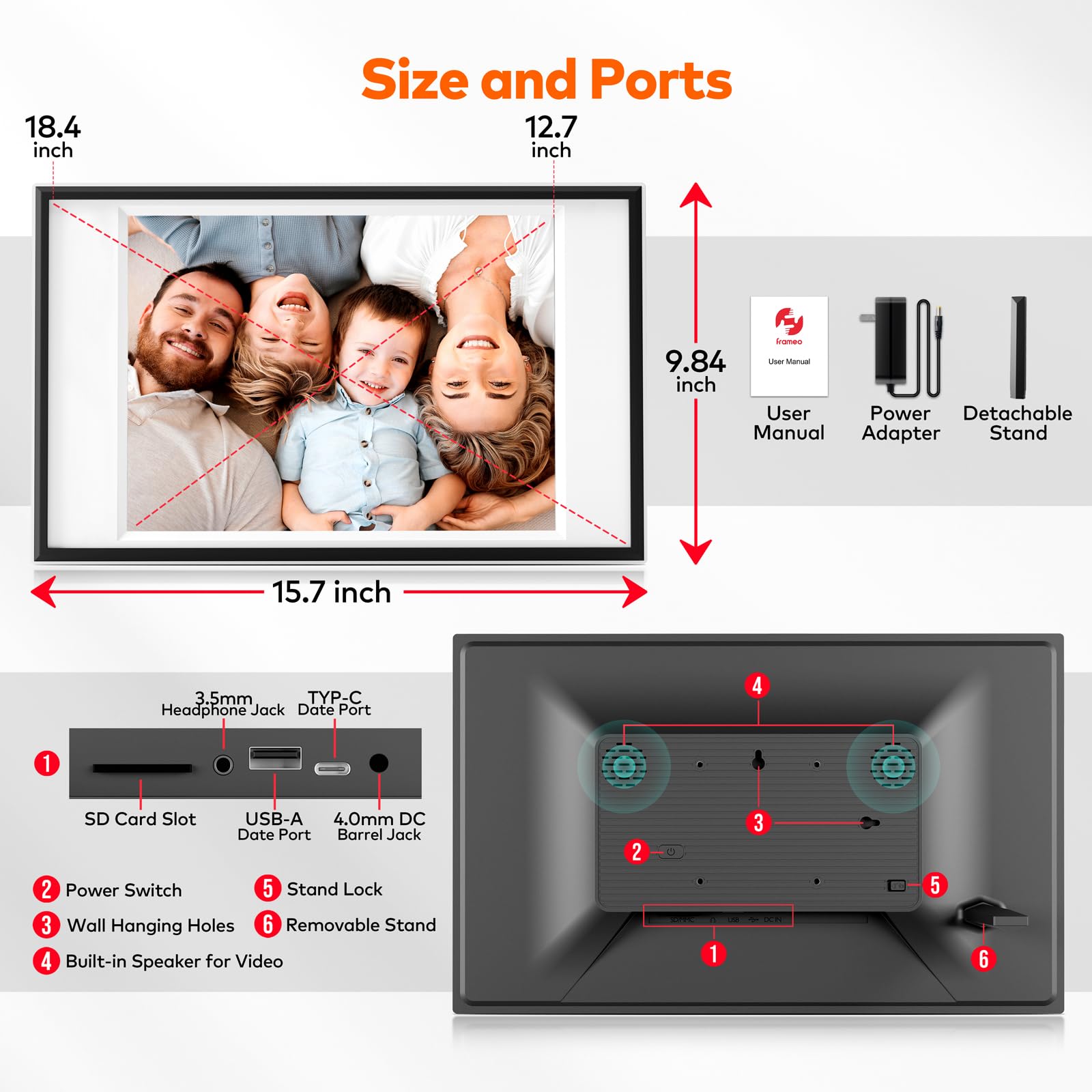 Frameo Cadre photo numérique 12,7 pouces 64 Go, 1440 x 1080p IPS Touch Electronic Photo Frame Rotation automatique et support mural, USB et carte SD, partage de photos/vidéos