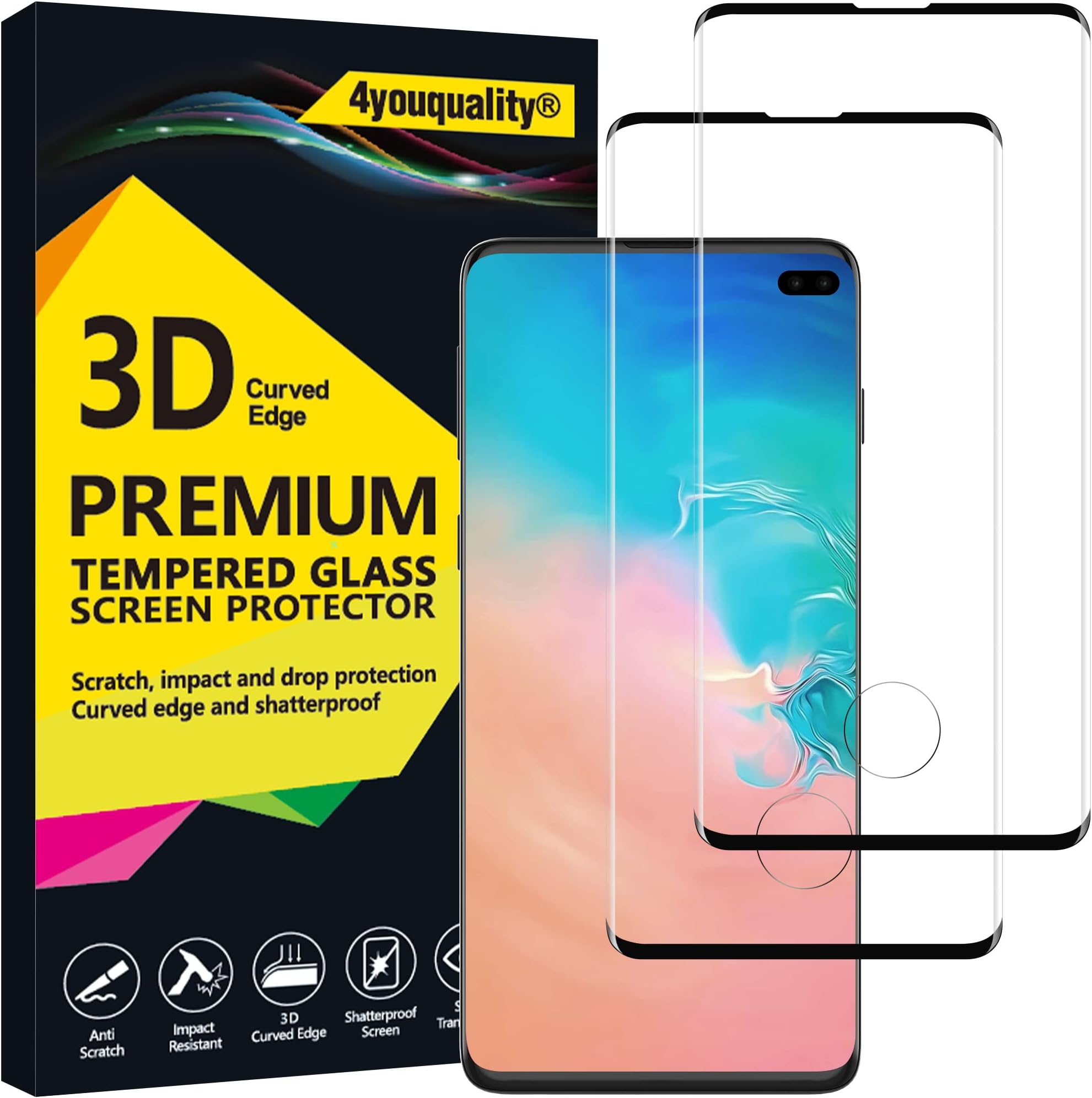 4youquality Tempered Glass Screen Protector for Samsung Galaxy S10 Plus S10+, 2-Pack, [LifetimeSupport][Impact-Resistant][Anti-Shatter][Anti-Scratch]