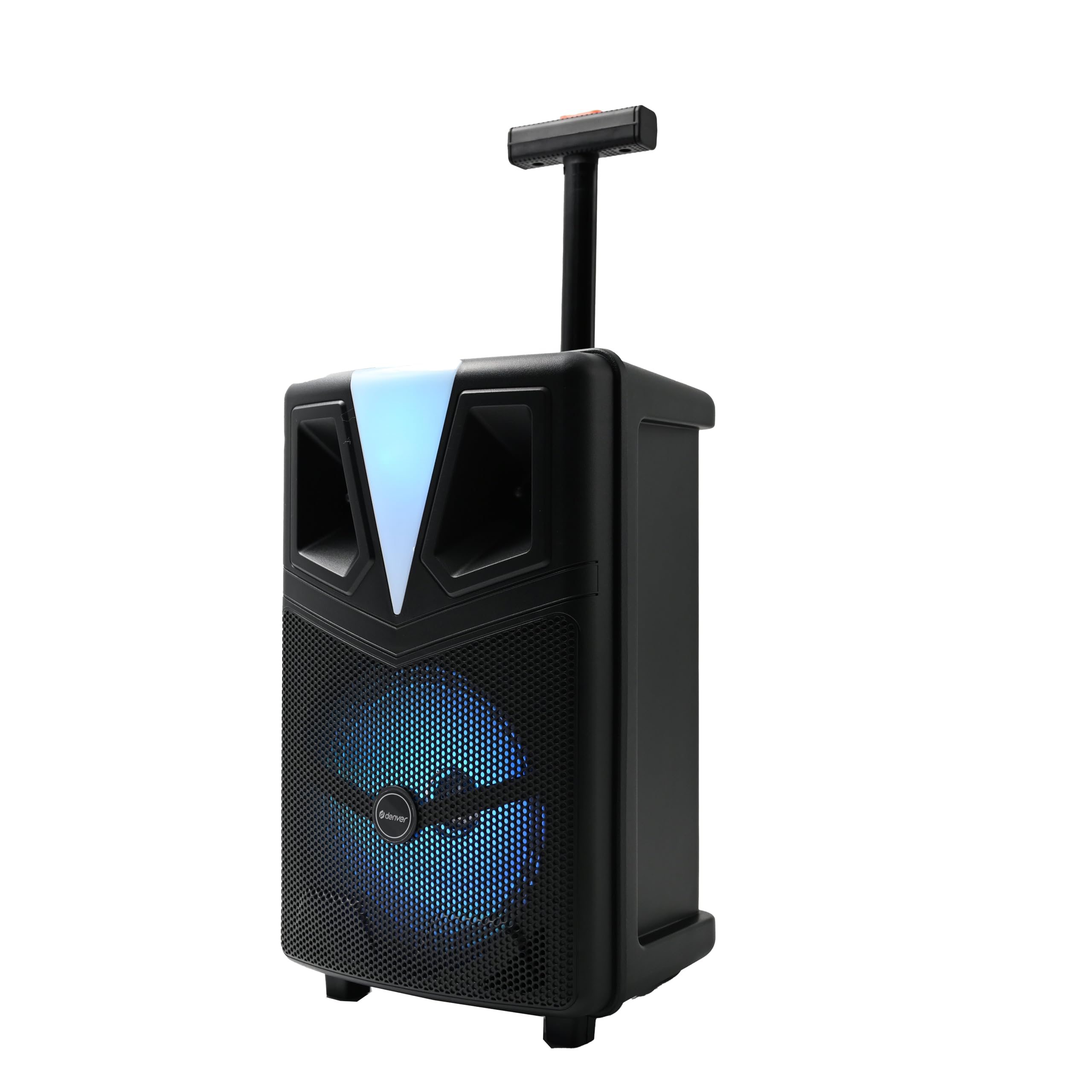 Denver TSP-307 - Bluetooth Party Lautsprecher mit Mikrofon und Akku - 120W Karaoke Box mit RGB LED Licht, 8 Zoll Woofer, Trolley Speaker mit Rollen, USB MicroSD AUX Eingang (25 x 41 x 21 cm) | 120W Karaoke Box, RGB LED Licht, 8 Zoll Woofer, Trolley mit Ro