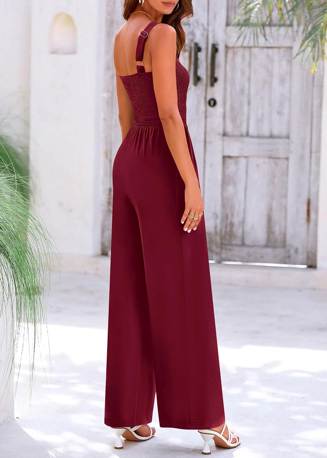 KIRUNDO Womens Jumpsuit 2026 Summer Casual Loose One Piece Overalls Smocked Sleeveless Wide Leg Rompers With Pockets - Image 2