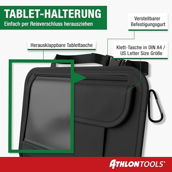 ATHLON TOOLS Der stabilste Autositz-Organizer - mit verstärkter Rückwand - Lebensmittelecht - mit integriertem Tablet-Halter - mit Extra Federtasche - für Business und Kinder - Designed in Hamburg - 3