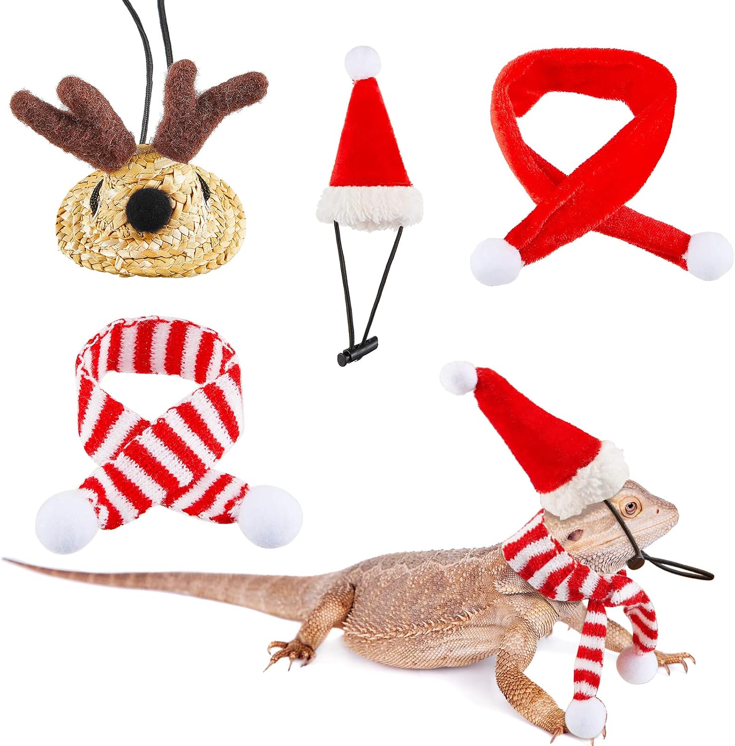 8 Pieces Christmas Bearded Dragon Santa Hat Scarf for Lizard Adjustable Reptile Christmas Costume Clothes Xmas Mini Reptile Straw Hat…