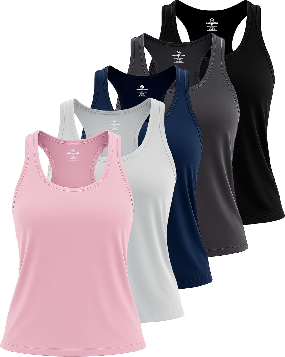 Real Essentials 5 Pack: Women's Racerback Tank Top Dry-Fit Athletic Performance Yoga Activewear (Available in Plus Size)