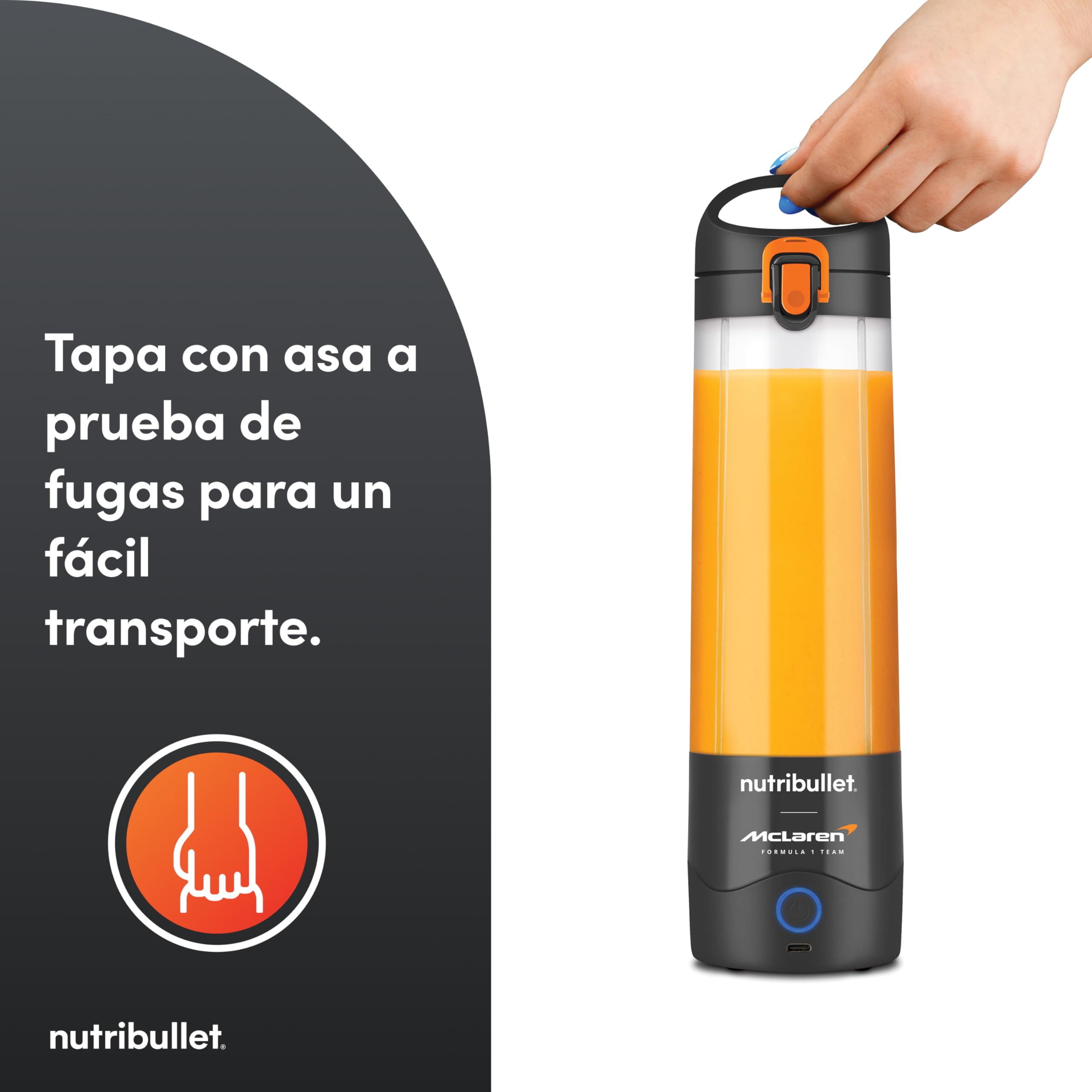 nutribulllet Portable x McLaren F1 Team - Batidora Portátil, Smoothie Maker Inalámbrico con Batería, Vaso de Tritan de 475 ml, USB-C, Tapa To-Go, Compacta y Ligera, Gris (NBP003GO-MC)