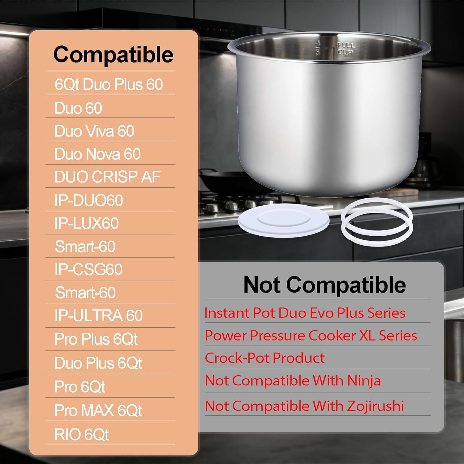 Upgraded Stainless Steel Inner Pot for Instant Pot 6 Quart, Food-Grade 304(18/8) Stainless Steel, with 2 Sealing Rings & 1 Sealing Lid, 3-Year Warranty