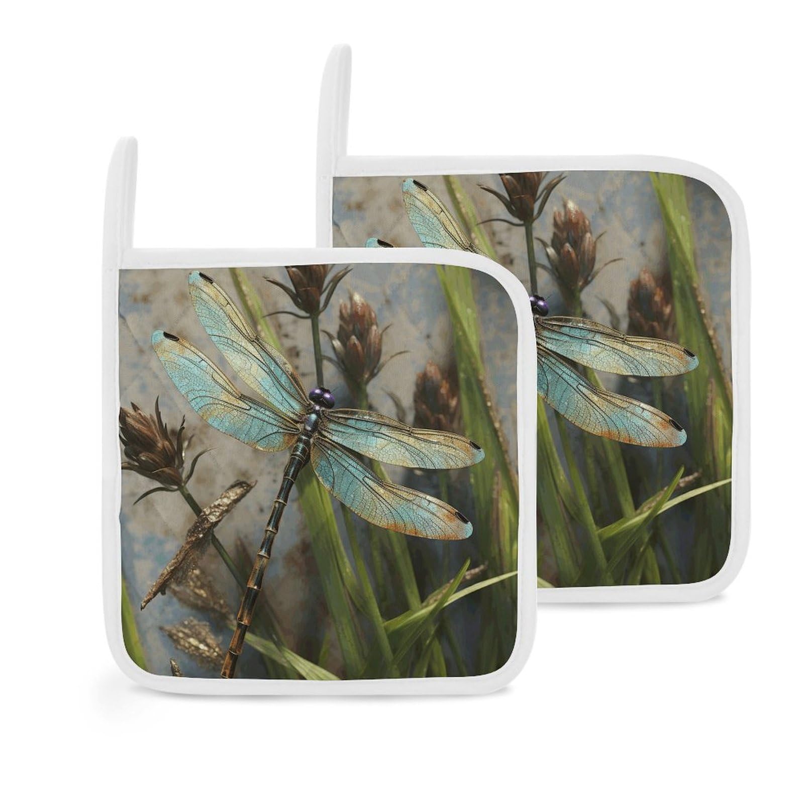 Btcowzrv Style Dancing Dragonfly 2 Pack Pot Holders For Kitchen, Heat Resistant Potholder Set With Hanging Loops, Hot Pads For Oven Baking Cooking