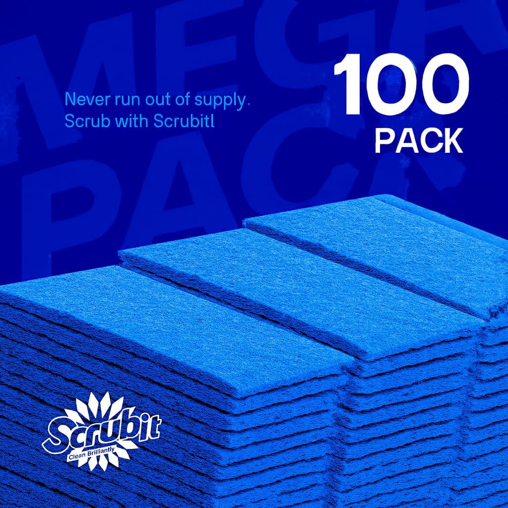 SCRUBIT Scouring Pad 100 Pack - Heavy Duty Scrub Pads for Cleaning Dishes - Non-Scratch Reusable Scrubbing - Blue (100)