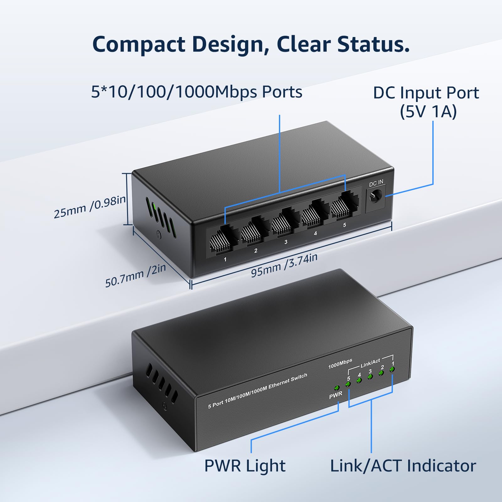 YuanLey Commutateur réseau Gigabit Ethernet 5 ports, Plug and Play, mini commutateur, taille compacte