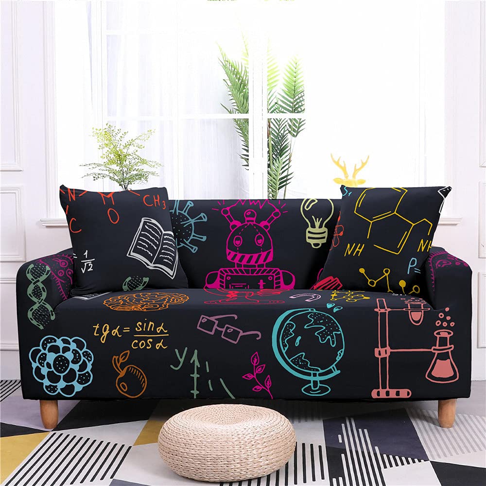 AMZAO High Stretch Sofa Covers 1 2 3 4 Seater Cartoon robot Universal Printed Armchair Slipcover Elastic Machine Washable Sofa Cover for Living Room Club Bar Counter