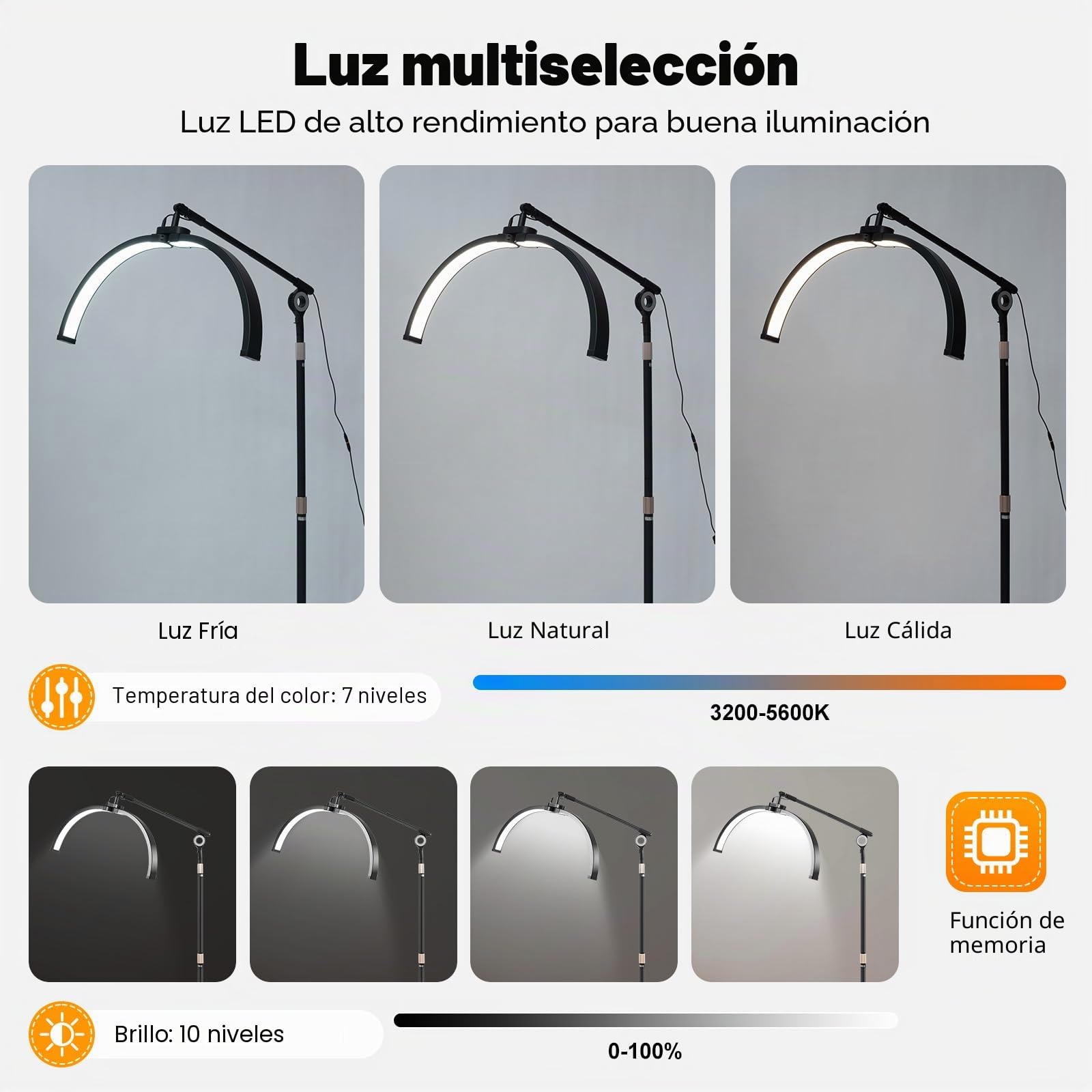 Media luna, lámpara cosmética LED con soporte para teléfono y ruedas, 2 opciones de control ajustables de 3200 K-5600 K, luces de belleza para sala de estar, estudios fotográficos, mesas