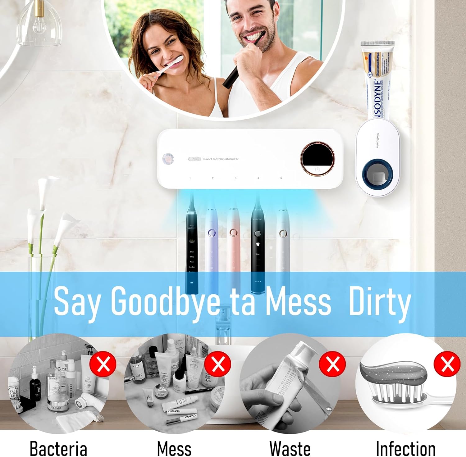 GFBEBDVToothbrush Cleaner and Automatic Toothpaste extruder Set,Toothbrush Holder Cleaner,Fan Drying and timerFunction,Automatic Toothpaste Dispenser,Wall Mounted,Suitable for 99% of Toothbrushes