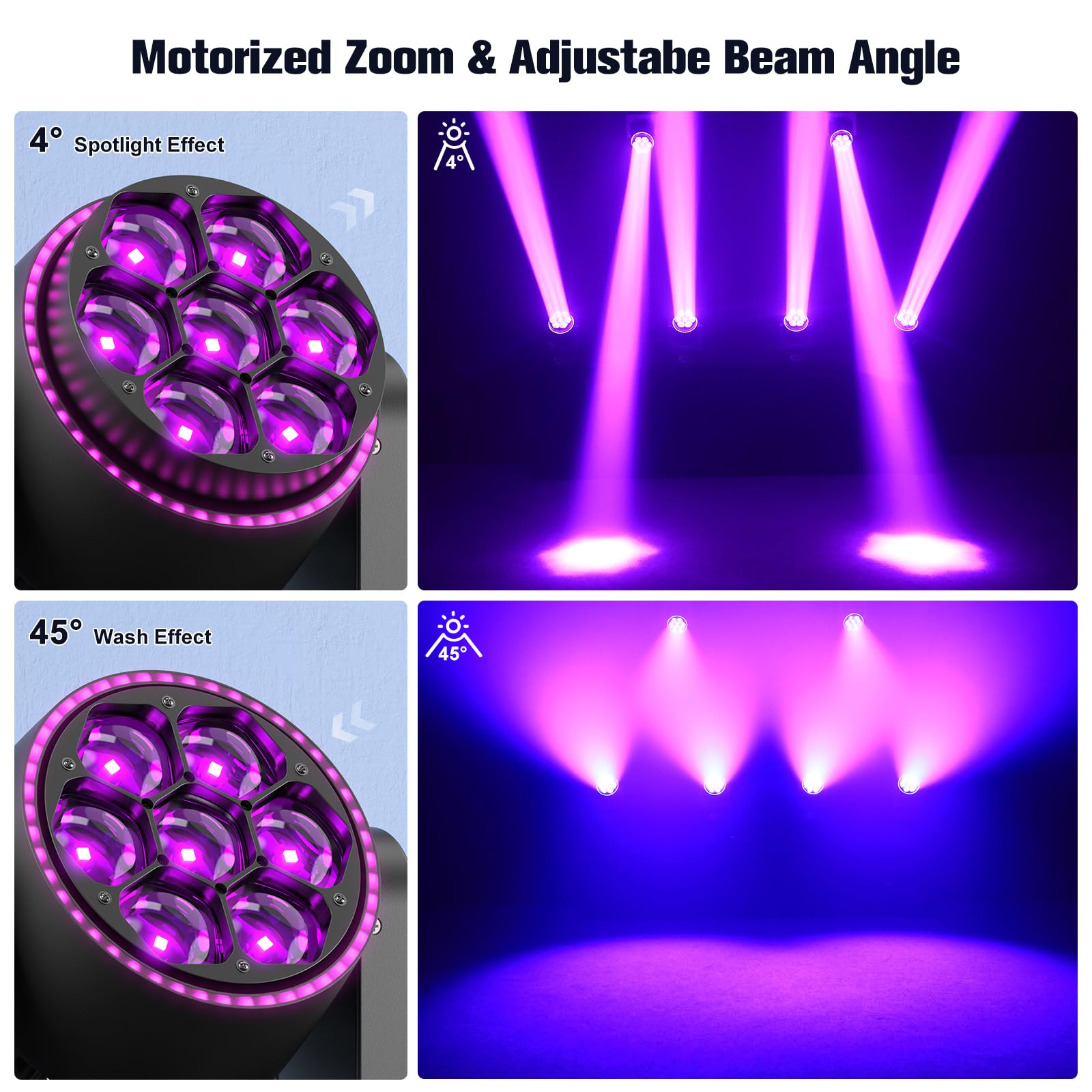 300W Testa Mobile Luce di Festa RGBW LED, Wash Palcoscenico Lampada a Spot Beam Zoom Luce spettacolo DMX512 Strobo Z-asse 360° Rotazione infinita per Discoteca DJ Natale Matrimonio