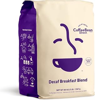 Coffee Bean Direct Decaf Breakfast Blend, Whole Bean Coffee, Mixed Roast Level, Smooth and Mellow, 5-Pound Bag