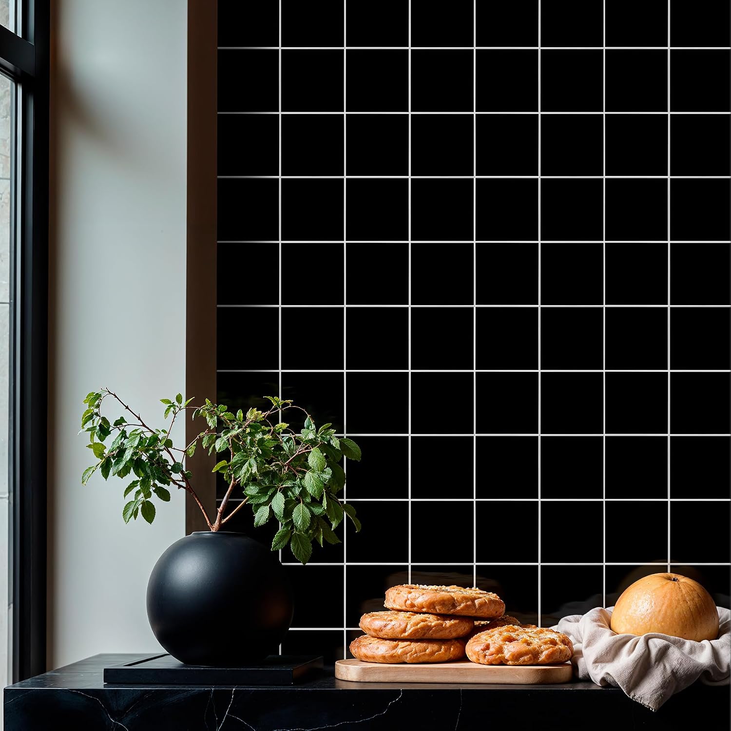 Kitchen Backsplash Tiles Peel and Stick, 6-Sheet Self Adhesive Glossy Square Black Backsplash Stick on Wall Tiles for Bathroom