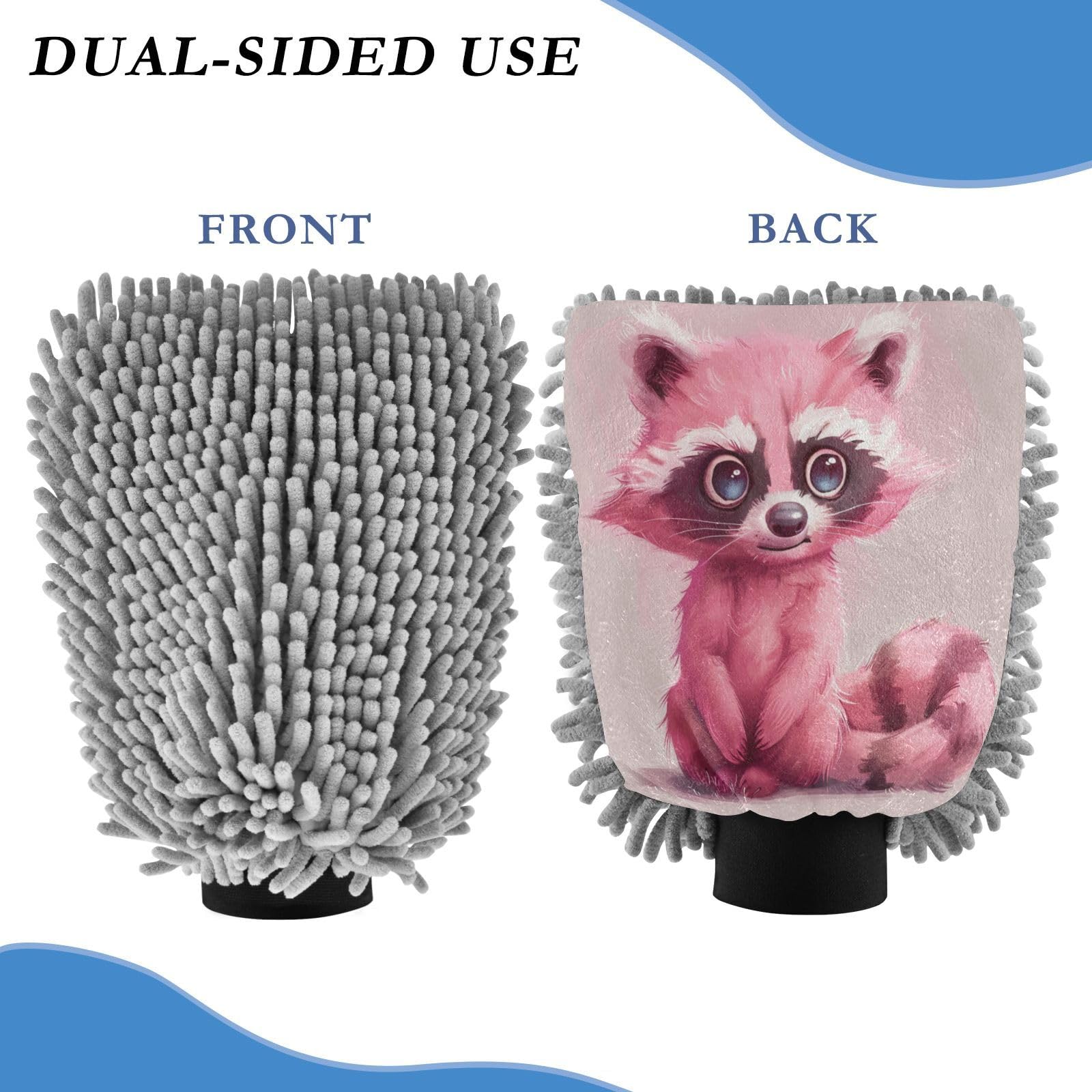 ALAZA Pink Raccoon Cartoon Car Wash Mitt Scratch Free, 2 Pack Absorbent Microfiber/Chenille Washing & Drying Mitts, L