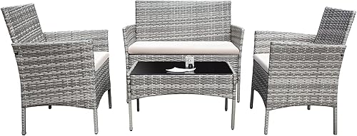 Homall Juego de 4 sillas de mimbre de ratán para patio, uso en interiores y exteriores, porche, jardín, piscina, balcón, muebles (negro y beige)