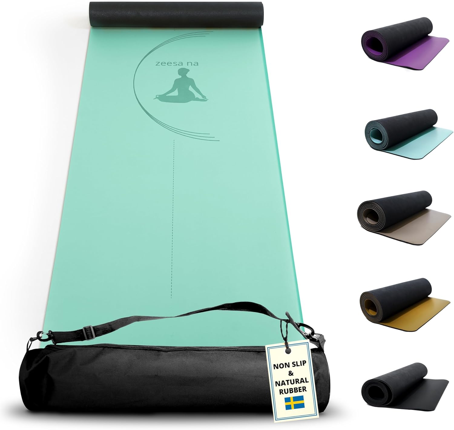 Zeesa Na Premium Natural Rubber Yoga Mat with Bag, Hot Yoga Mat Non Slip Grip, 4 mm Thin with Exceptional Cushioning due to Durable 2-Layer Design, Stretching and Home Workout, L 72” x W 24”
