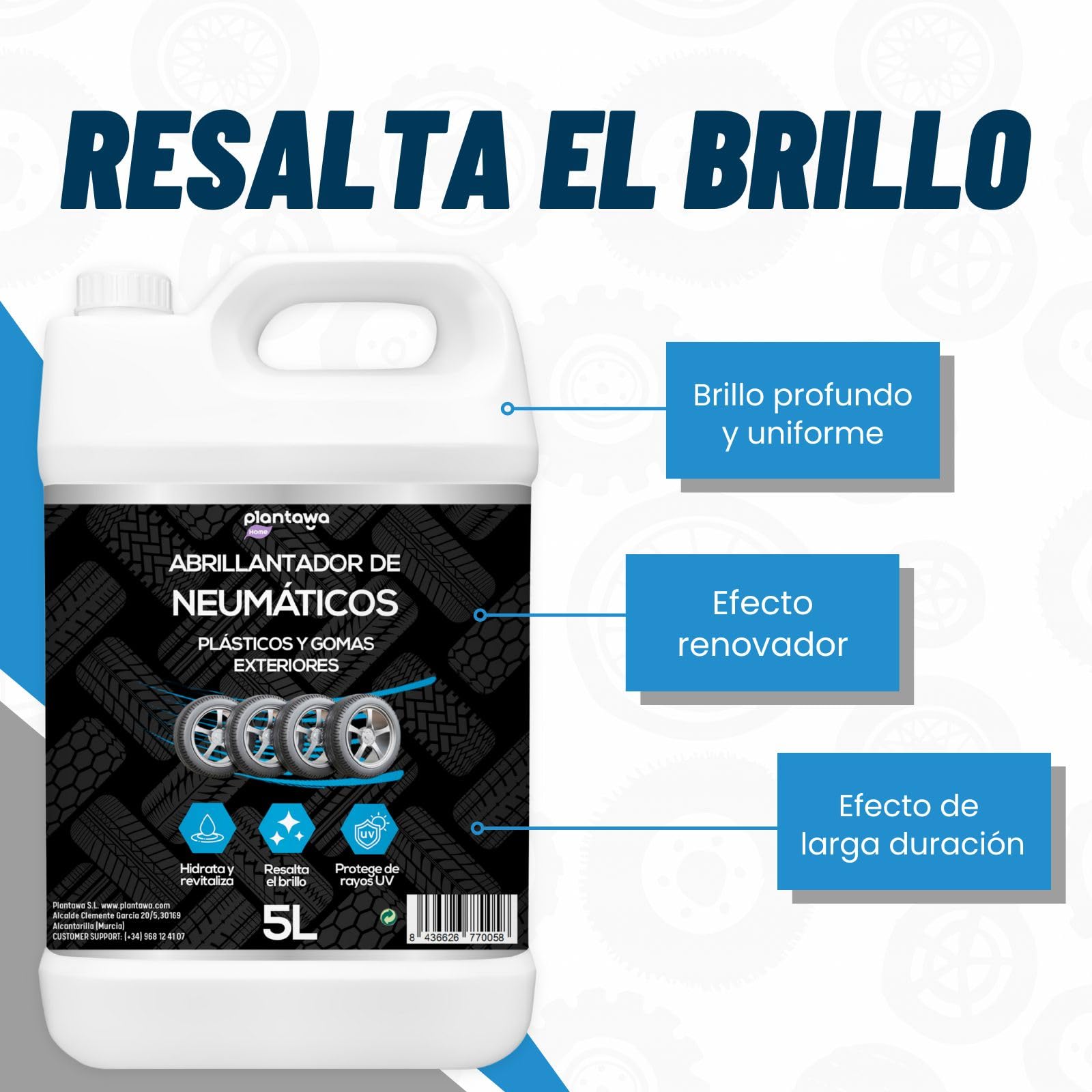 PLANTAWA Abrillantador de Neumáticos 5L | Recuperador de Plásticos y Gomas Coche | Hidratador y Restaurador de Plásticos | Brillo y Protección Duradera para Coche y Moto