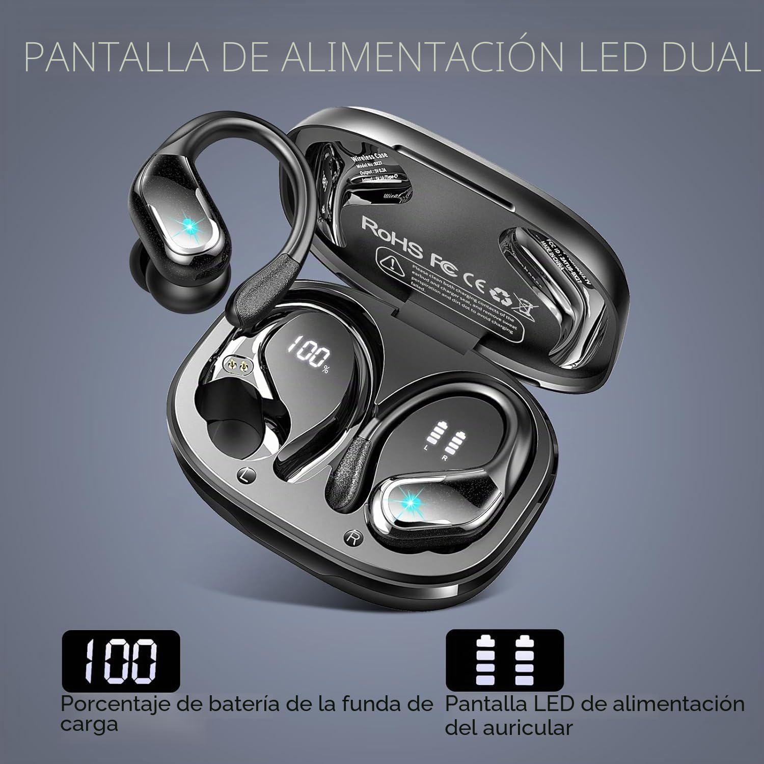 Auriculare Inalámbricos Deportivos, Nueva Auriculares Bluetooth 5.4 con IPX8 Impermeable, HD Mic, 75H Cascos Inalambricos Bluetooth HiFi Estéreo, Cancelacion Ruido ENC Auriculares Running Pantalla LED