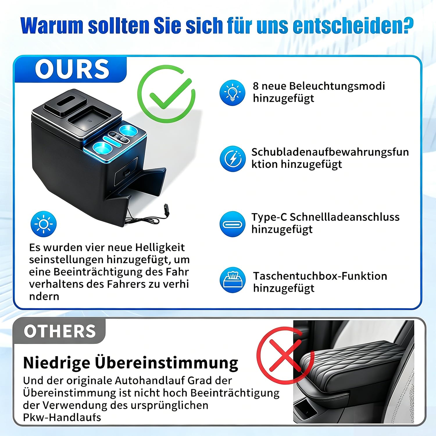 Armlehnenbox Aufbewahrungsbox mit 7-farbigem Umgebungslicht und 4 Helligkeitsstufen passend und Exklusive Fahrerschublade für Mercedes-Benz V-Klasse V220 V260 V250 W447 [EU-Patent]
