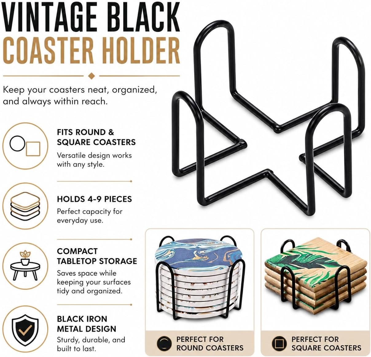 Vintage Coaster Holder Black Iron Metal Holder Storage Caddy for Both Round and Square Coasters Fit 4 to 9 Pieces Coasters,4.4 x 4.4 x 2.48 inches