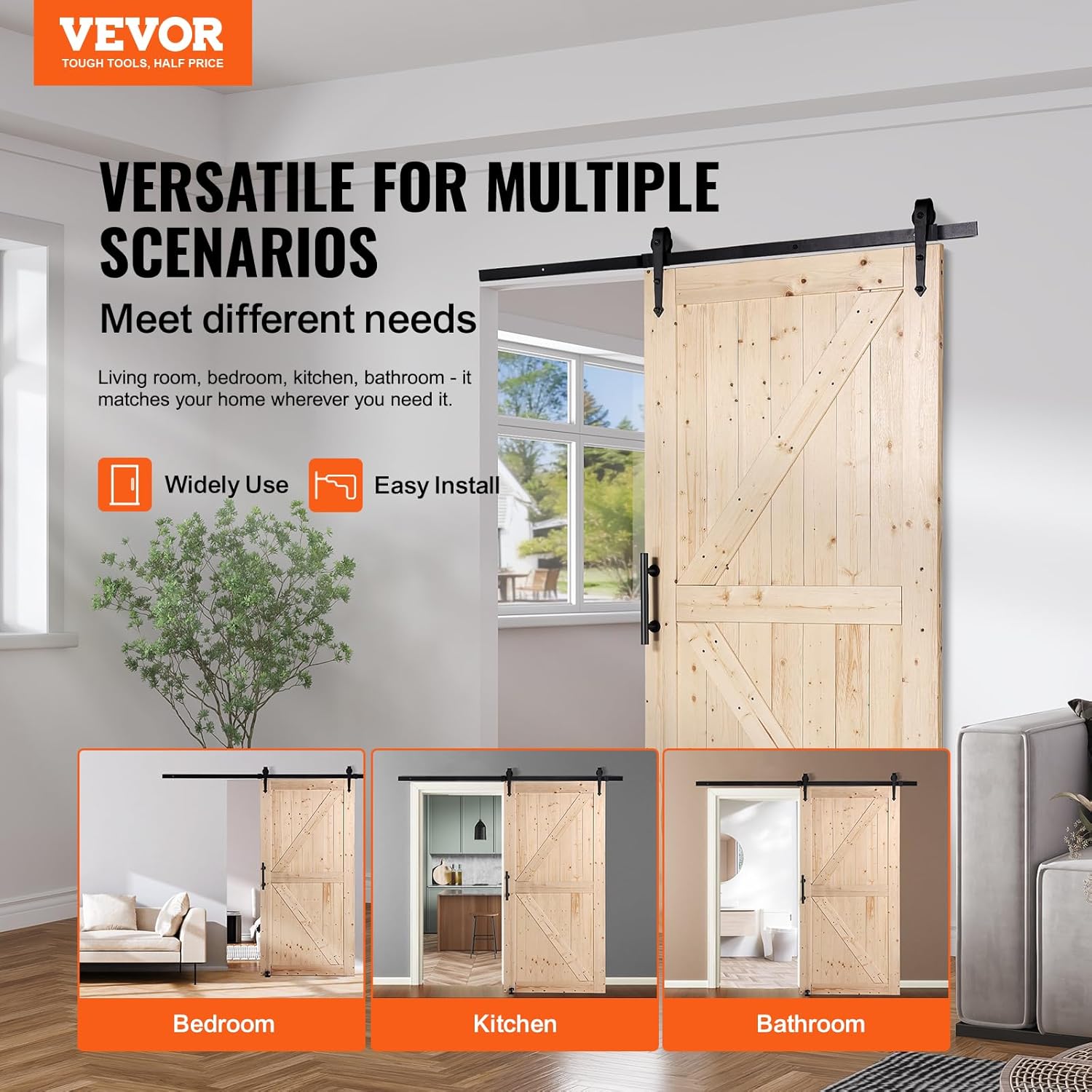 VEVOR 42in x 84in Sliding Barn Door with 7ft Barn Door Hardware Kit Included & Handle, Water-Proof Solid Wood, Easy Assembly, for Interior Rooms & Storage Closet, K-Frame, DIY, Stainable, Natural