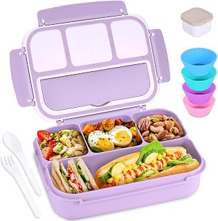 shell and turtle Lavender Bento Box Lunch Box: 4 Compartments, 40oz Leakproof Adult Kids Container w/ Utensils, Sauce Jar, Muffin Liners, Microwave Safe