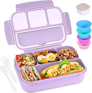 Bento Box Lunch Box for Adults, Lunch Containers for Kids, Girls, Boys, with 4 Compartments, Lunchable Food Containers with Utensils, Sauce Glass, Muffin Liners, 1.2L/5 Cups