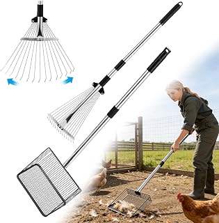 2PC Chicken Coop Scoop & Rake, 10" Heavy Duty Sifting Shovel, 62" Adjustable 3-Length Handle, 15" Manure Rake for Sand, Leaves & Animal Waste