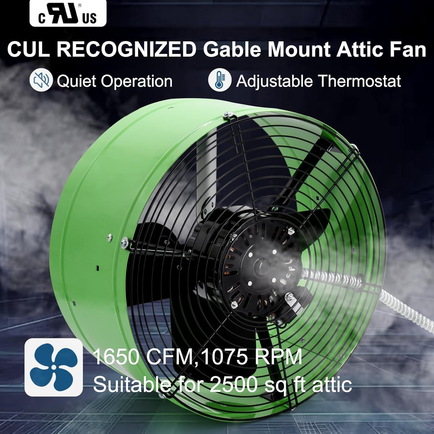 Criditpid 15" Gable Mount Vent Attic Fan for Gable, Home, Shed, Garage, Portable Building, Exhaust Ventilation Fan with Adjustable Thermostat 1650CFM, 1075RPM, 3.4A, 2500 Sq.Ft Coverage Area, Green.