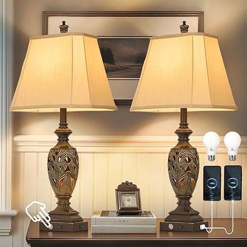 Miniatura 19 de Juego de 2 lámparas de mesa tradicionales táctiles de 29.5 pulgadas de alto, lámparas de mesita de noche vintage con doble USB y luz nocturna, 3