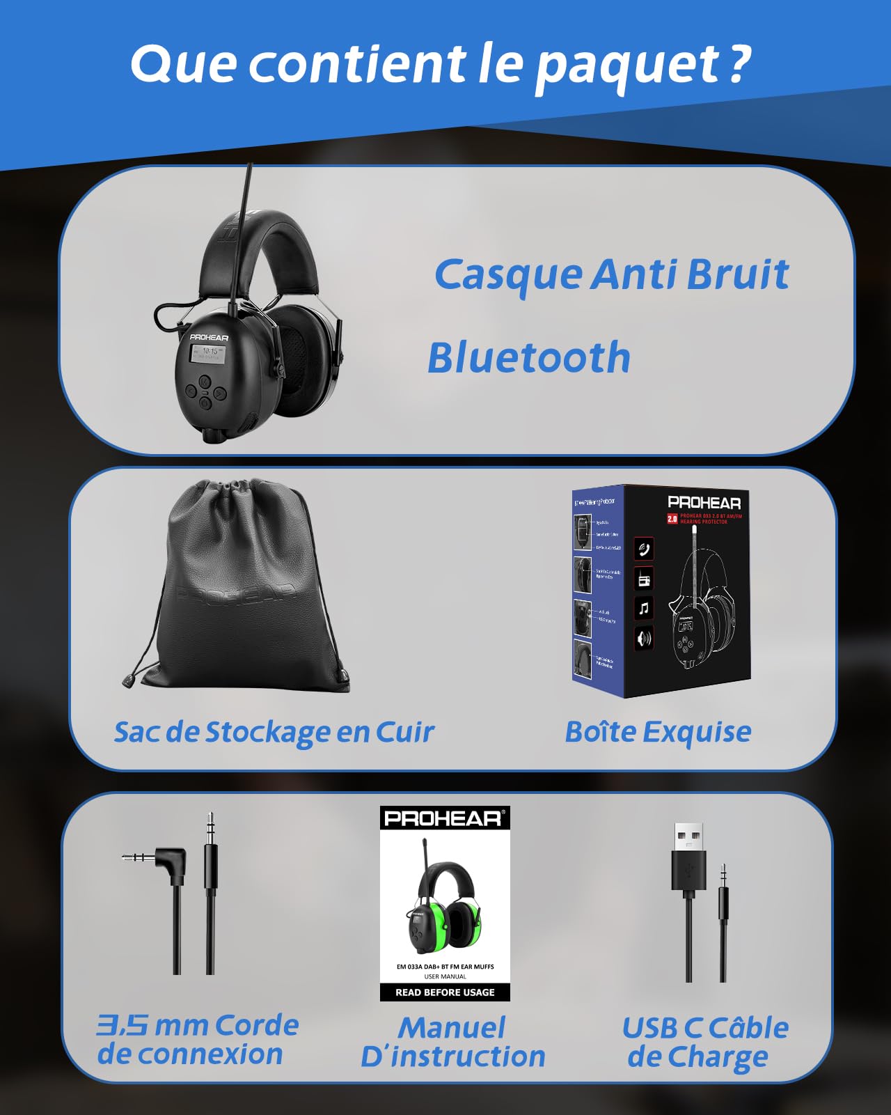 PROHEAR 033 Bluetooth Casque Anti Bruit avec FM/AM Radio, Protection Auditive Chargeable avec Technologie BT 5.4, SNR 31 dB/NRR 25dB pour Debroussailleuse, Chantier, Atelier, Jardin et Tonte