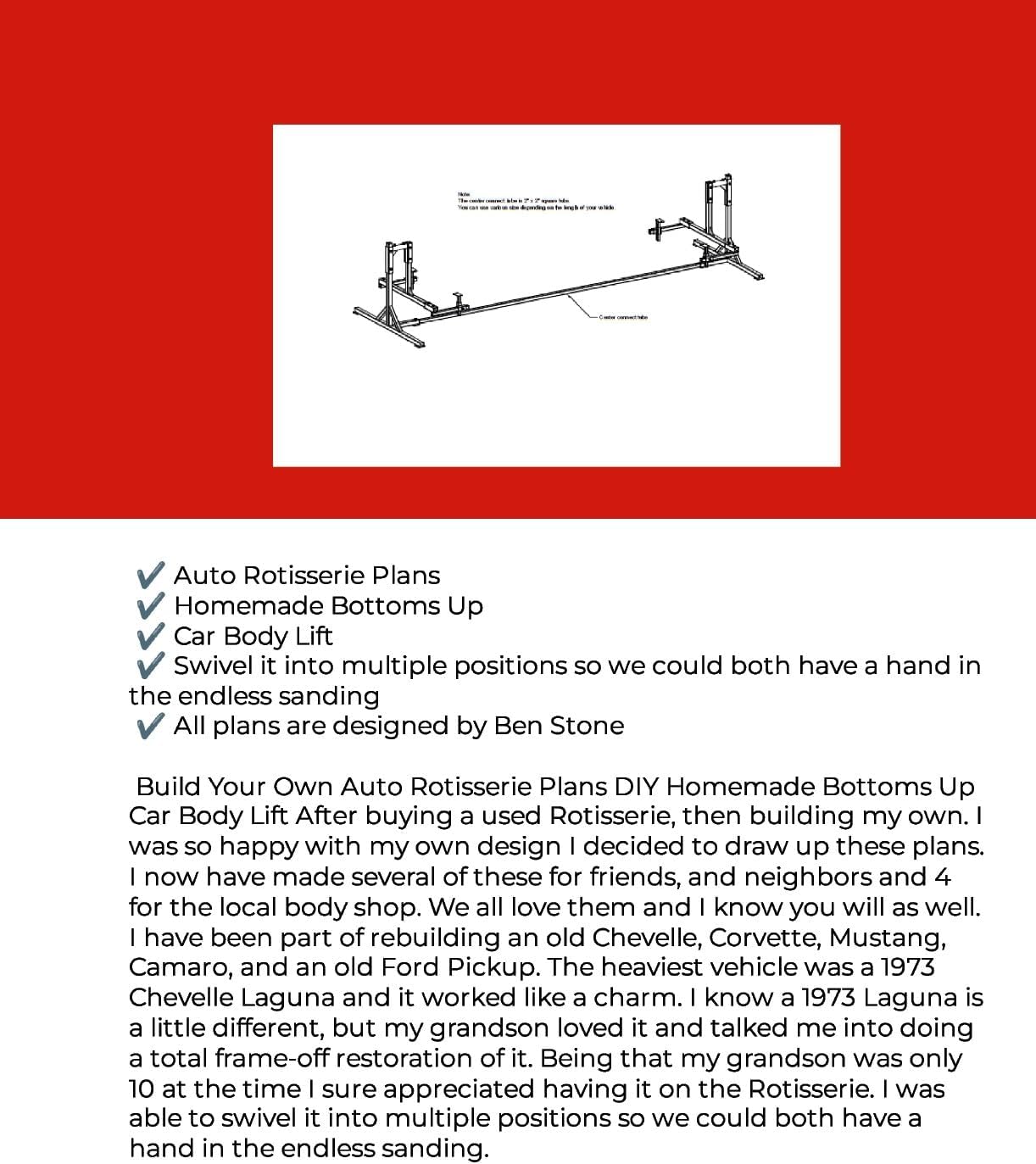 Auto Rotisserie Plans – DIY Car Body Lift Build Your Own Bottoms Up Rotisserie Engineered AutoCAD Blueprints
