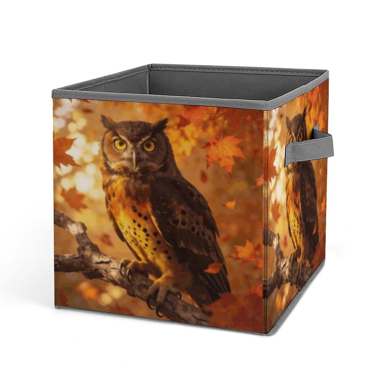 Fall Owl Storage Baskets Collapsible, Exquisite Pattern Cube Box, Canvas Fabric Storage Bins with Handles, Clothe Organizer Box for Home Decorative Office Bedroom