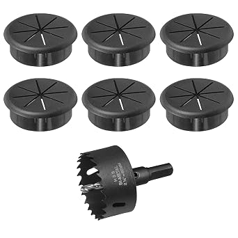 2-3/8" Black Desk Grommet, JTemgle Flexible Cable Grommet with Bi-Metal Hole Saw Rubber Cable Hole Cover Wire Organizer Caps Desktop Cord Management for Home Office TV Stands Tabletops, 7 Pieces