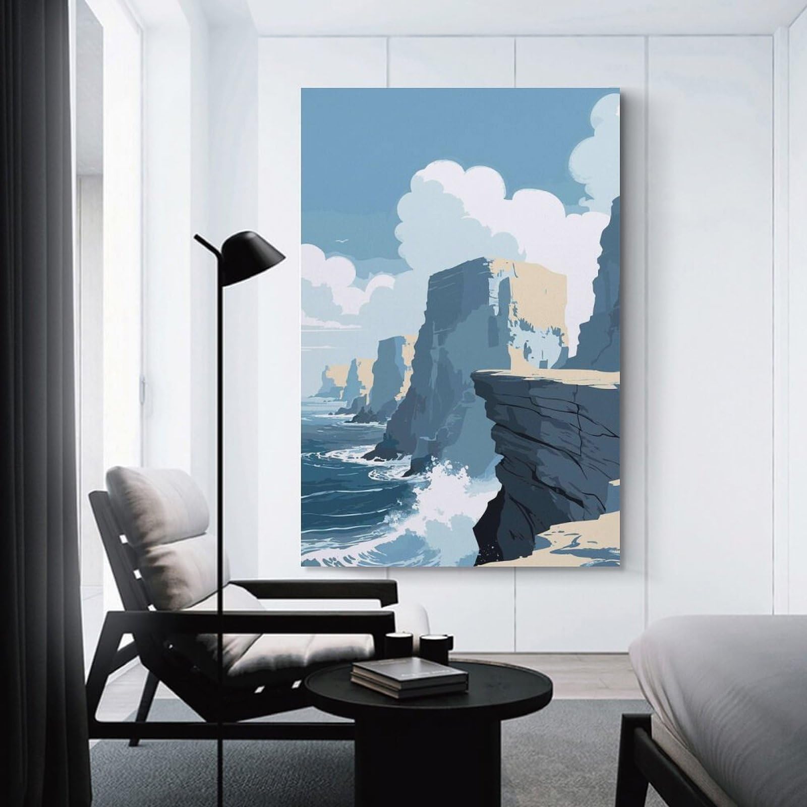 Junmoney Coastal Cliffs Landscape Illustration Wall Picture Print 16x24inch(40x60cm), for Home Office, Desk Area Or Studio, Home Office Artwork with Decorative Appeal